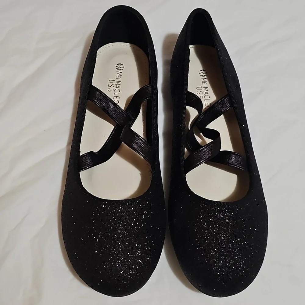 MEI MACLEOD Girls Size 5 Black Glitter Strappy Flats Used